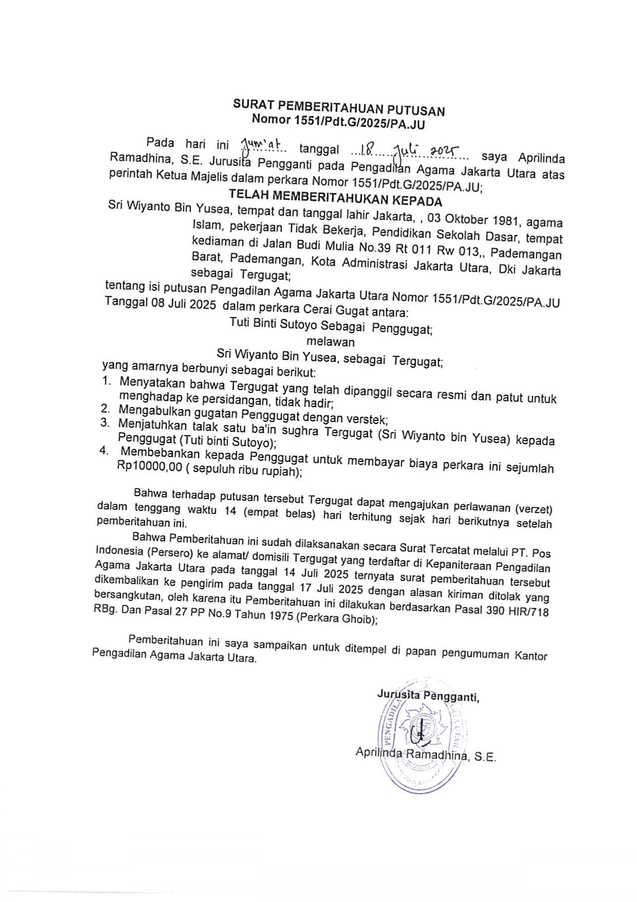 Surat Pemberitahuan Putusan Nomor 1551/Pdt.G/2025/PA.JU