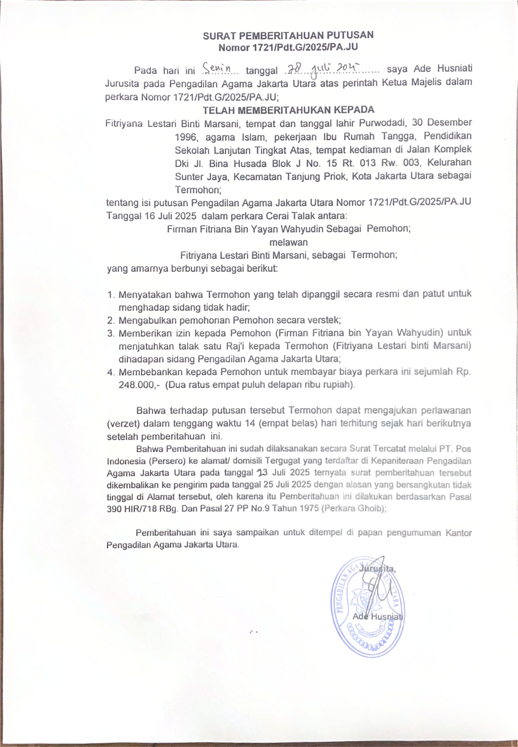 Surat Pemberitahuan Putusan Nomor 1721/Pdt.G/2025/PA.JU