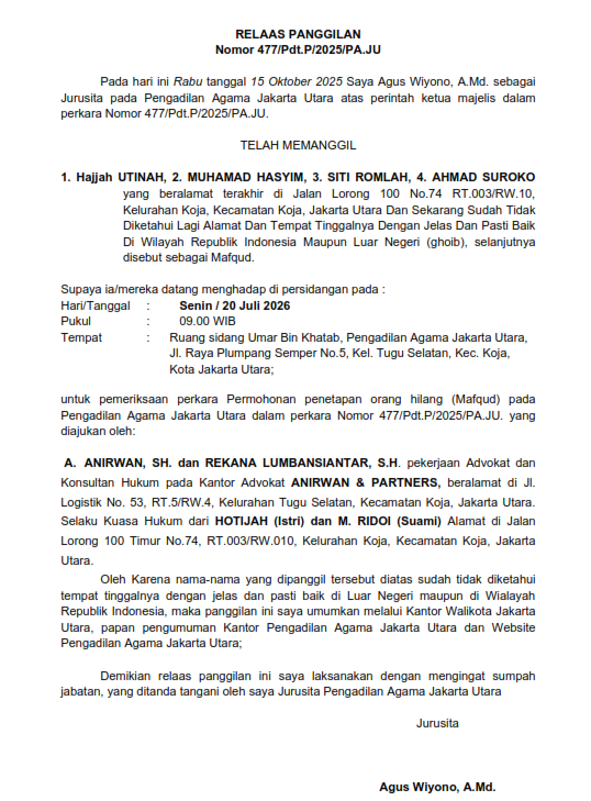 Pengumuman Relaas Nomor 477/Pdt.P/2025/PA.JU