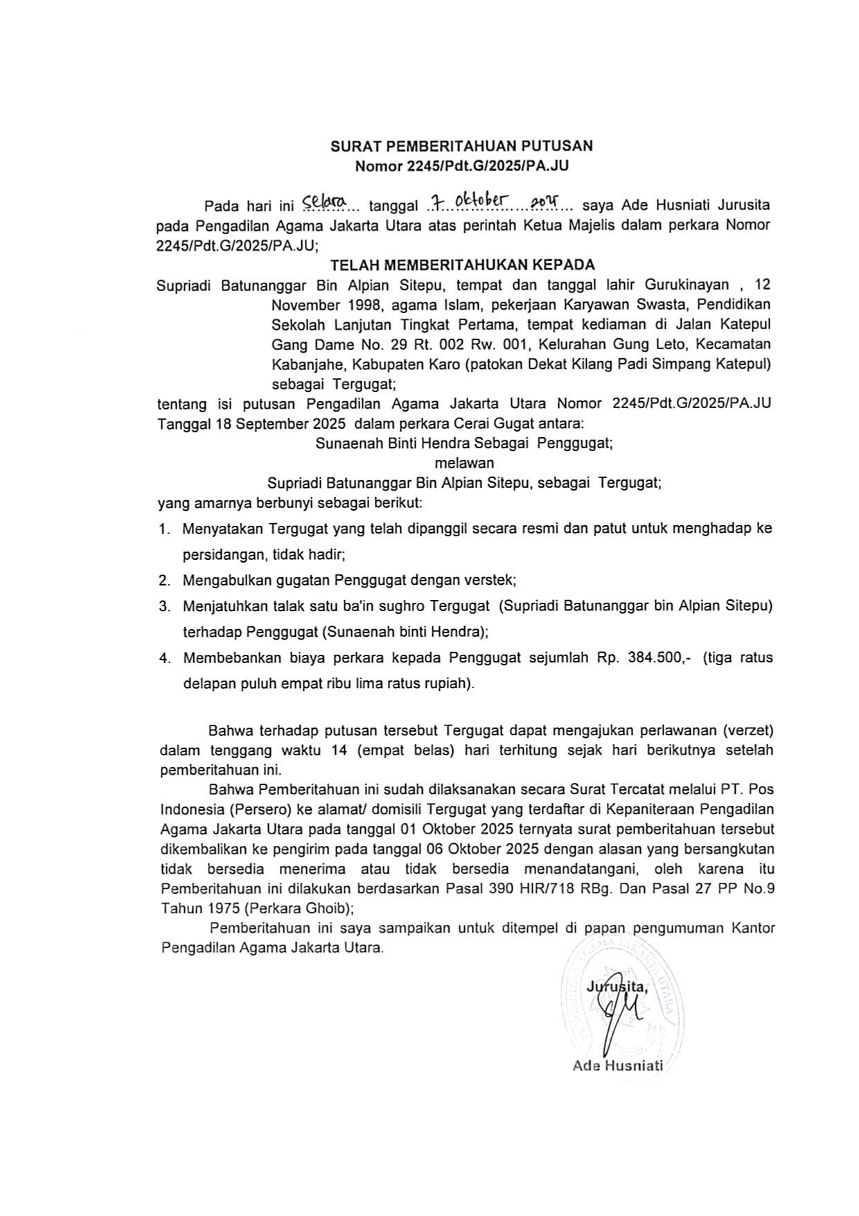 Surat Pemberitahuan Putusan Nomor 2245/Pdt.G/2025/PA.JU