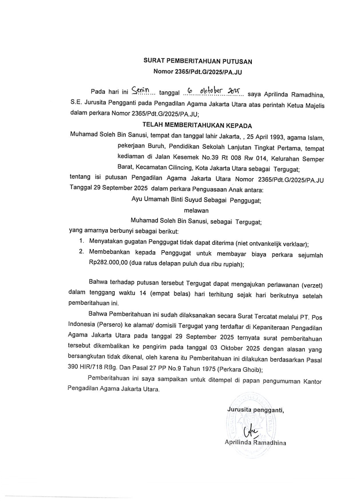 Surat Pemberitahuan Putusan Nomor 2365/Pdt.G/2025/PA.JU