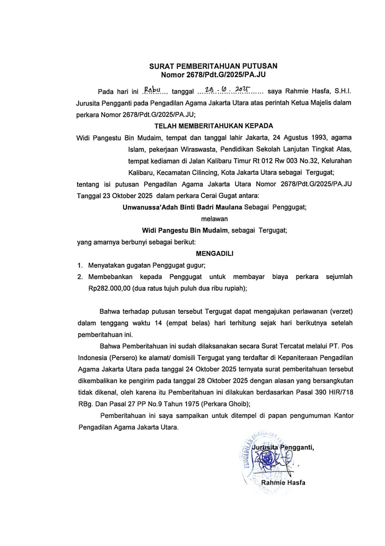 Surat Pemberitahuan Putusan Nomor: 2678/Pdt.G/2025/PA.JU